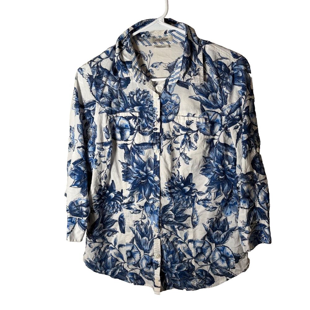 Van Heusen Shirt Women's Medium Cotton Blue Floral Button Up 3/4 Sleeve Top
